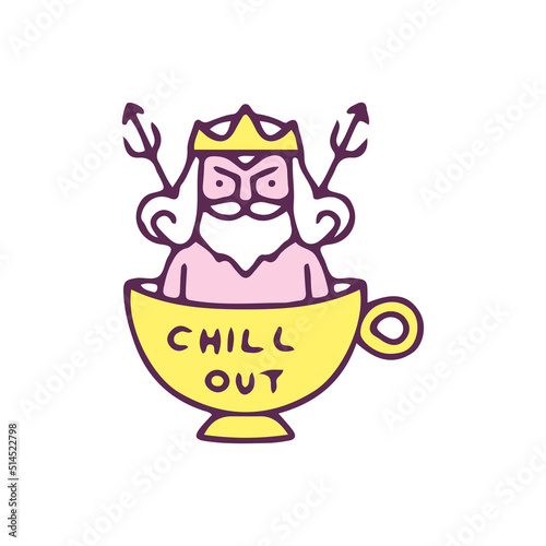 Cute Poseidon with trident on cup of coffee, illustration for t-shirt, sticker, or apparel merchandise. With doodle, retro, and cartoon style.
