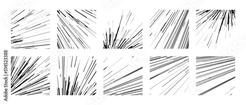 Comic book speed lines set black color stripe and radial effect style for manga speed frame, superhero action, explosion background. Motion line effect, pop art. Vector 10 eps