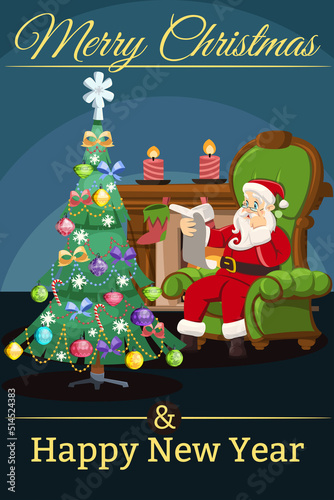 Wallpaper Mural Festive Greeting Card or Postcard Template with Room Decorated for Holidays, Christmas tree, Fireplace, Armchair and Slide of Gifts. Santa Claus Lair. Colorful Vector Illustration in Modern Flat Style Torontodigital.ca