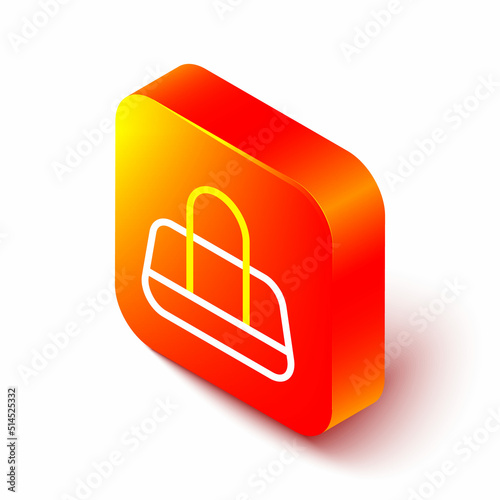 Isometric line Sport bag icon isolated on white background. Orange square button. Vector