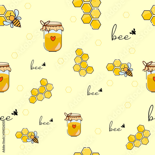 Meadow floral summer pattern set. Flowers and honey Bee nature repeated background. Cute illustration.