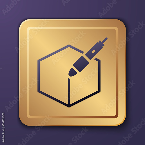 Purple 3d pen tool icon isolated on purple background. Gold square button. Vector