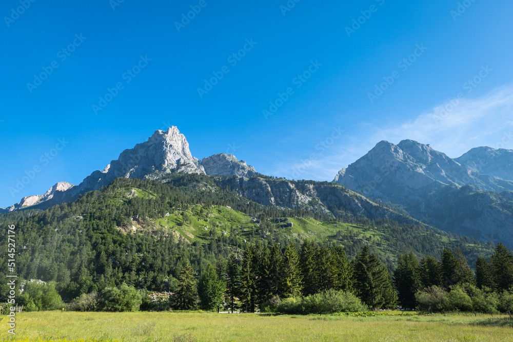 Obraz premium Albanian Alps view. Accursed Mountains landscape viewed from Valbona and Theth hiking trail in Albania, popular hiking trail in the Albanian Alps.