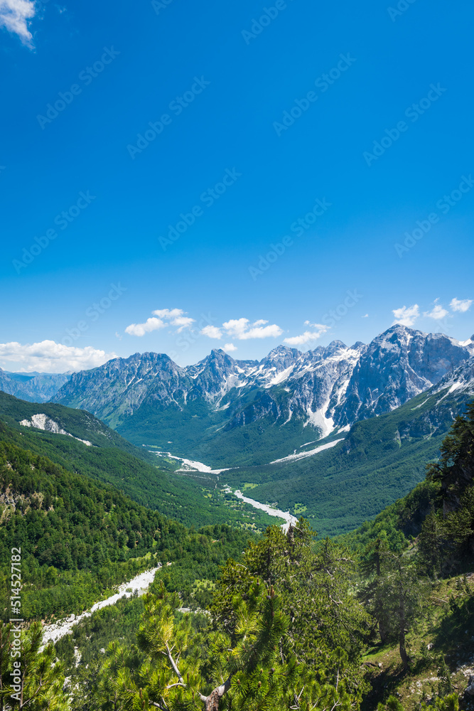 Albanian Alps view. Accursed Mountains landscape viewed from Valbona and Theth hiking trail in Albania, popular hiking trail in the Albanian Alps.
