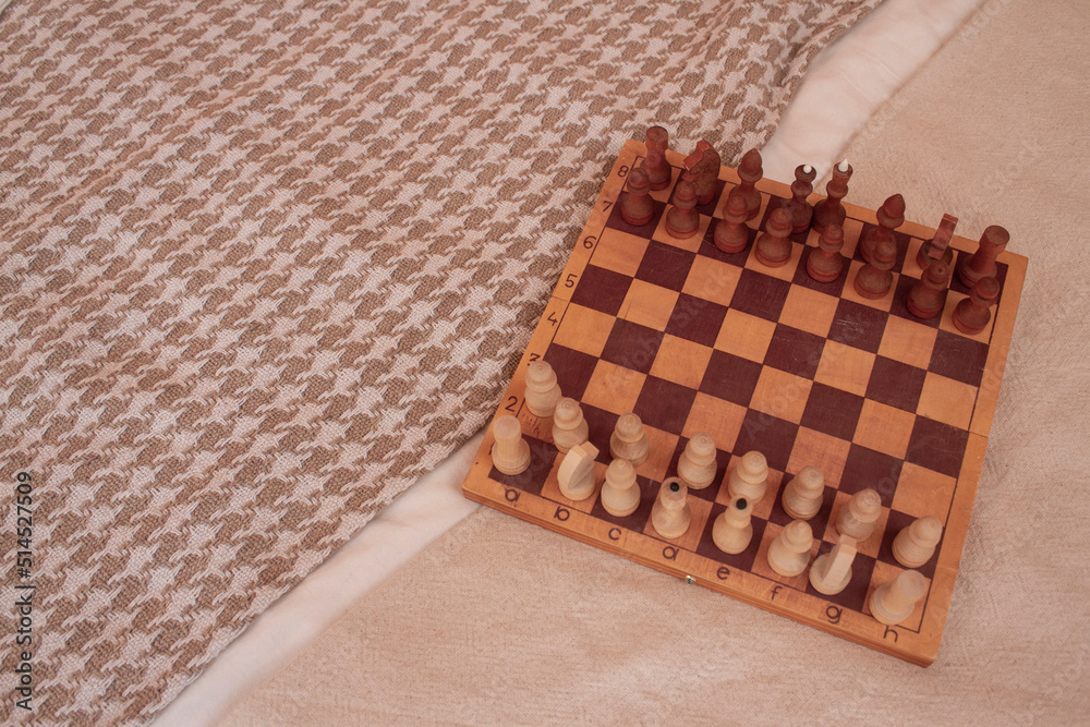 Chess board and wooden chess in bed. Game process Chess board and wooden chess in bed. Game process