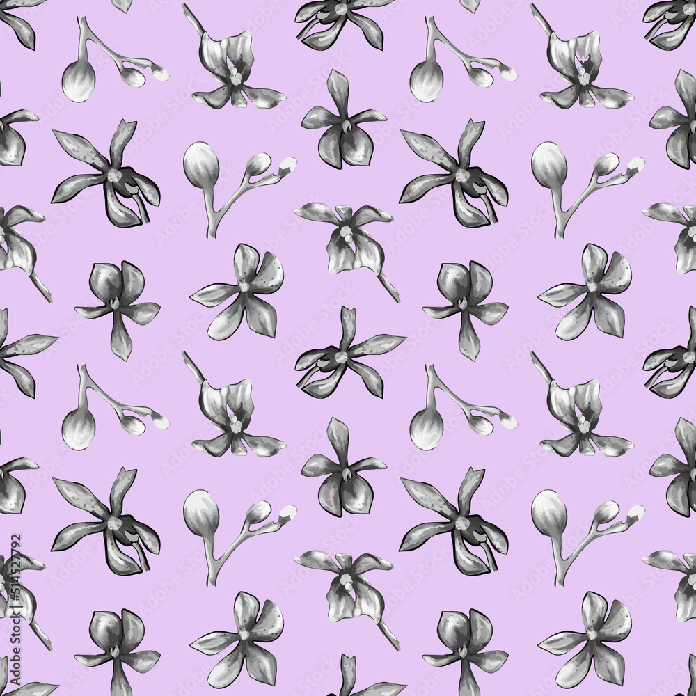 Seamless pattern of Orchid flowers on a purple background.Floral pattern on purple background Seamless pattern of Orchid flowers on a purple background.Floral pattern on purple background