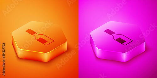 Isometric Tabasco sauce icon isolated on orange and pink background. Chili cayenne spicy pepper sauce. Hexagon button. Vector