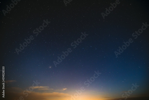 Real Colorful Night Sunset Sunrise Sky Stars. Night Starry Sky With Glowing Stars. Starry Backdrop Background.