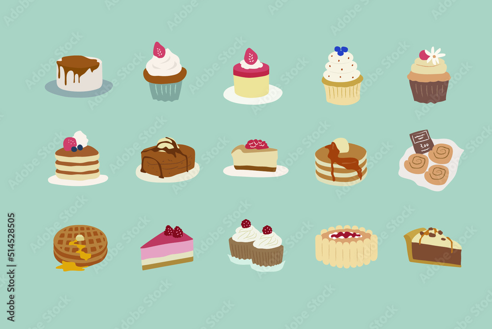set of cakes and sweets