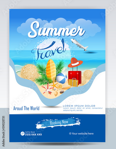 Modern company tours travel flyer design. Summer Holiday Tourism Brochure Template. Flyer Design Set with Beach View. tourism color a4 print ready tour flyer, Holiday Poster. World Adventure template.