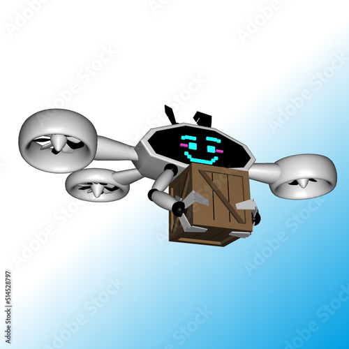 Business air transportation. aircraft autómata concept 3D. Fast air shipping. 3D illustration. Cute autómata. Drone delivering package, character