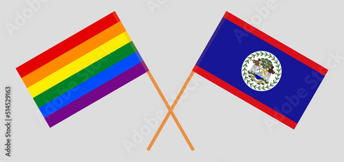 Crossed flags of LGBTQ and Belize. Official colors. Correct proportion