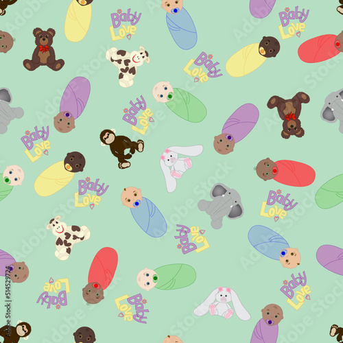 Repeating pattern with diverse swaddled babies, plush animals, and the text baby love