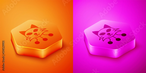 Isometric NFT Digital crypto art icon isolated on orange and pink background. Non fungible token. Hexagon button. Vector