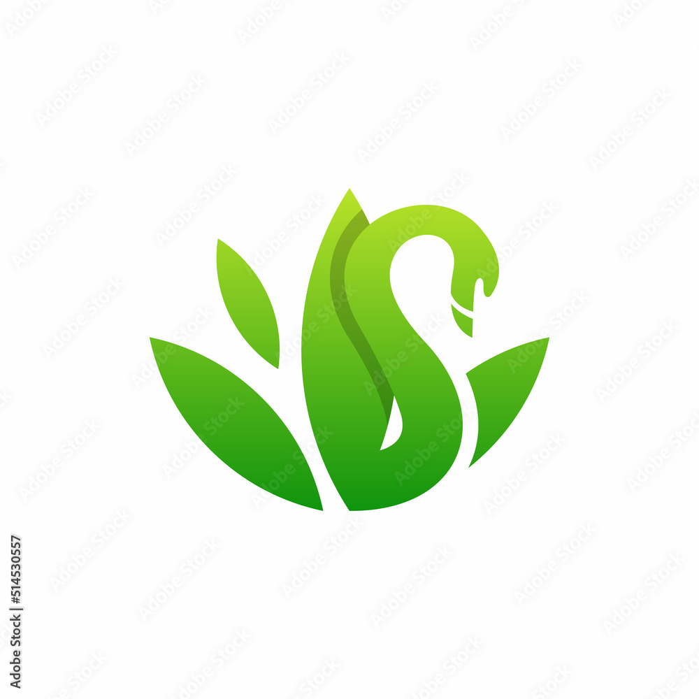 Vector green gradient logo on which an abstract image of a swan whose wings are made in the form of cannabis leaves. Vector green gradient logo on which an abstract image of a swan whose wings are made in the form of cannabis leaves.