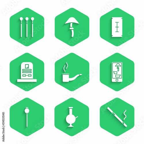 Set Smoking pipe, Glass bong for smoking marijuana, Cigarette, Buying drugs online phone, Opium poppy, Tombstone with RIP written, Blade razor and Matches icon. Vector