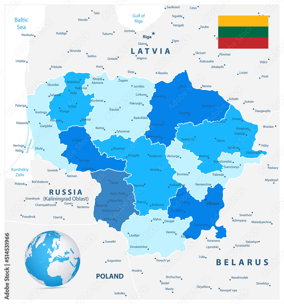 Obraz premium Lithuania Administrative Map. Blue colors