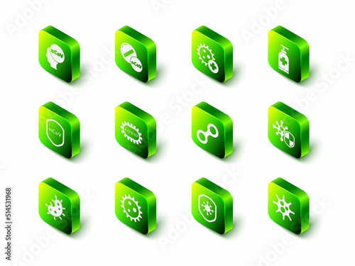 Set Medicine pill or tablet, Positive virus, Bottle of liquid antibacterial soap, Shield protecting from, Virus, and icon. Vector