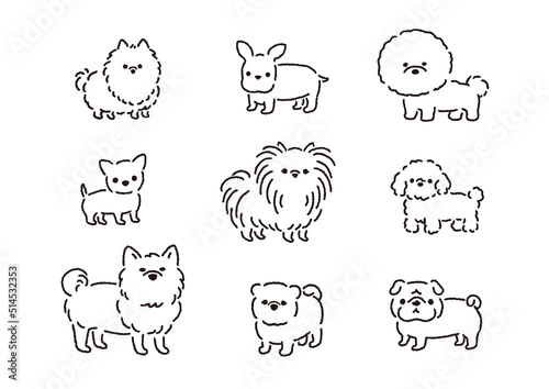 Black and white illustration of a cute dog with a simple hand-drawn line drawing／シンプル手描き線画のかわいい犬の白黒イラスト