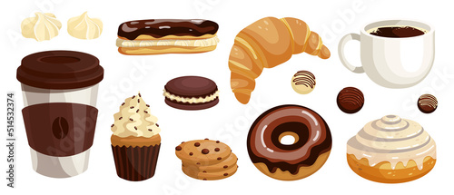 A set of sweet chocolate desserts, pastries and a cup, a glass of fragrant coffee. Cartoon vector graphics.
