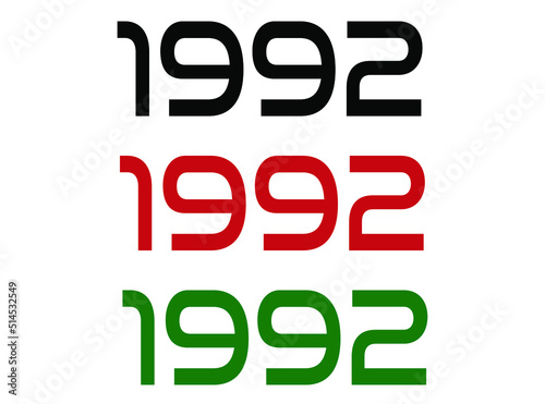 1992 year. Year set for comemoration in black, red and green. Vetor with background white. © BOROFOTOS