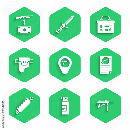 Set Location with weapon, Weapons oil bottle, Submachine gun M3, Firearms license certificate, Trap hunting, Gun holster, Military ammunition box and Buying assault rifle icon. Vector