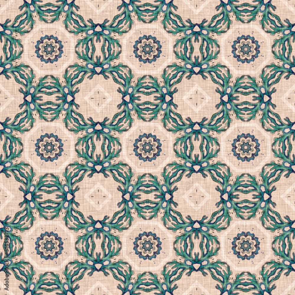 Coastal coral reef geometric quilt style linen pattern. Seamless marine fabric effect background for nautical home decor. Natural kelp geo damask in hand drawn watercolor tile print. Coastal coral reef geometric quilt style linen pattern. Seamless marine fabric effect background for nautical home decor. Natural kelp geo damask in hand drawn watercolor tile print.