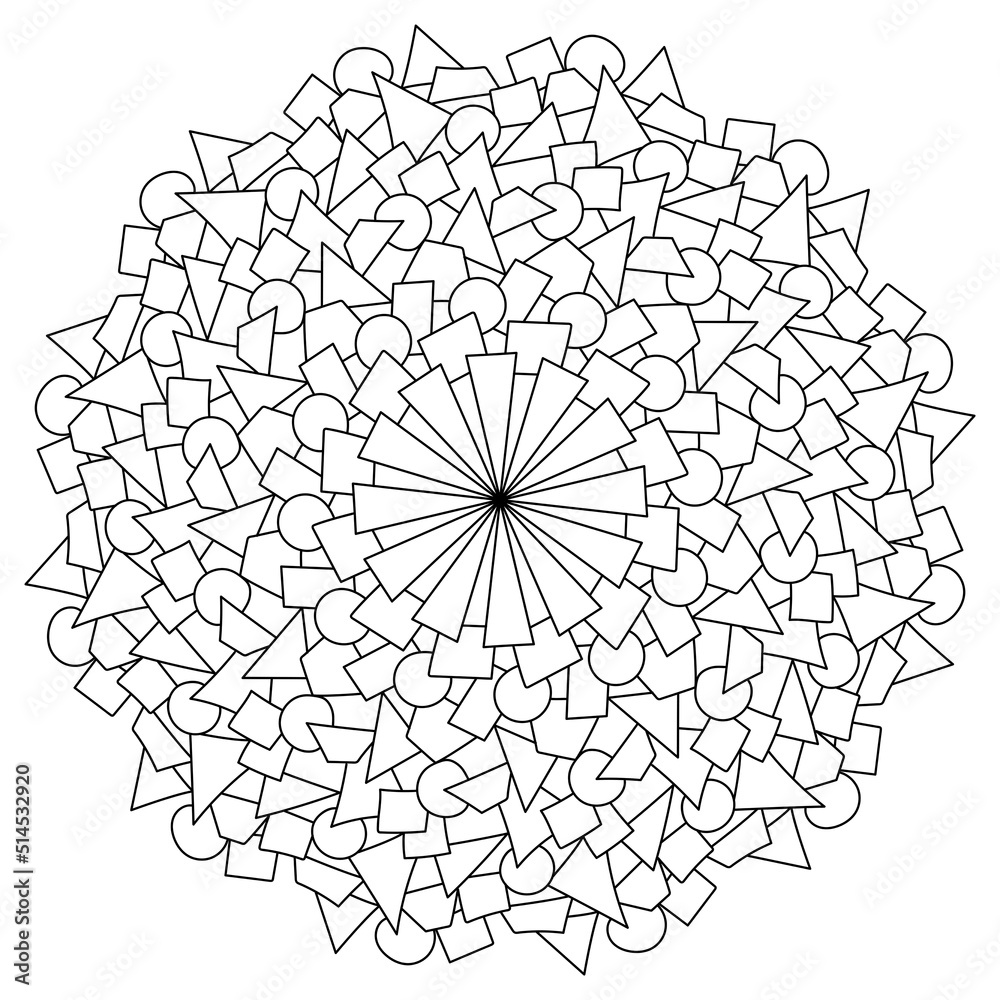 Contour mandala of circles, triangles and quadrangles, meditative coloring page