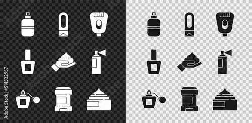 Set Perfume, Bottle of shampoo, Epilator, Antiperspirant deodorant roll, Cream lotion cosmetic tube, Nail polish bottle and icon. Vector