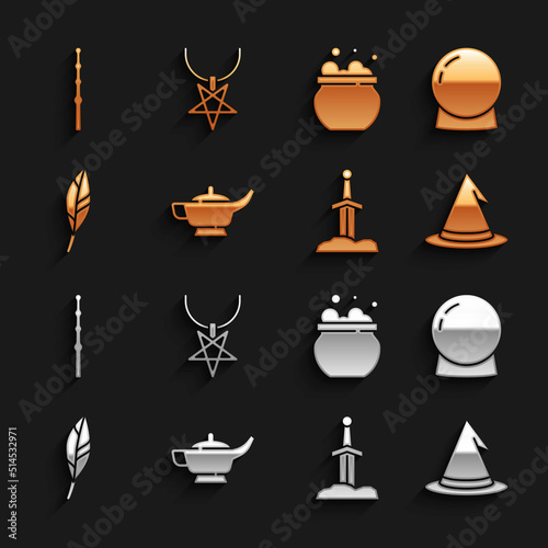 Set Magic lamp or Aladdin, ball, Witch hat, Sword the stone, feather, cauldron, wand and Pentagram necklace icon. Vector