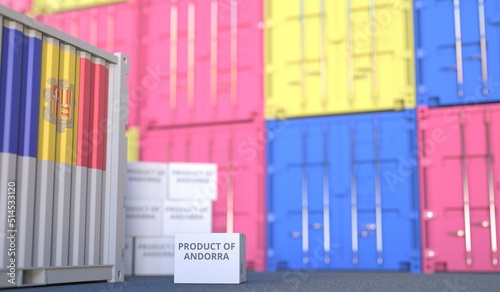 Carton with PRODUCT OF ANDORRA text and many containers, 3D rendering