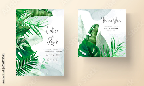 Tropical wedding invitation template with elegant tree leaves