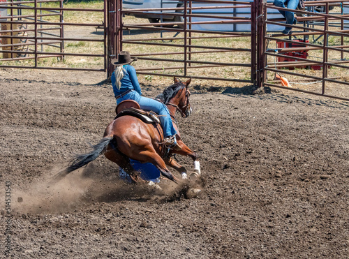 Cuadro en lienzo A rodeo cowgirl in a blue shirt is riding a brown horse in a barrel racing competition