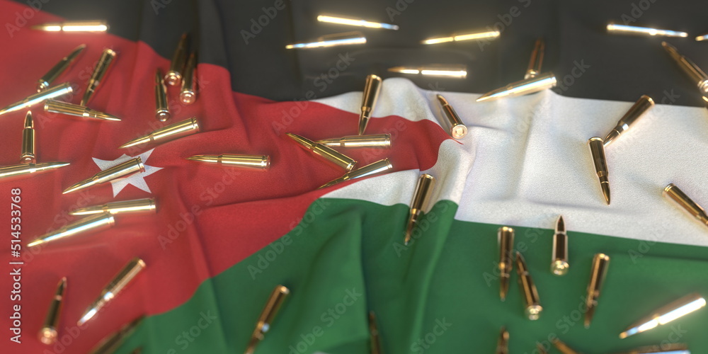 Obraz Scattered bullets on the flag of Jordan. Firearms regulation or army related conceptual 3D rendering fototapeta, plakat