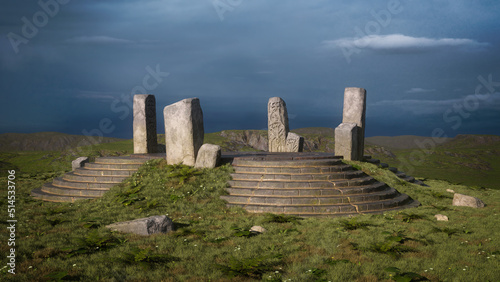 Mystical fantasy temple with standing stones in a wild highland landscape under stormy grey sky. 3D illustration.