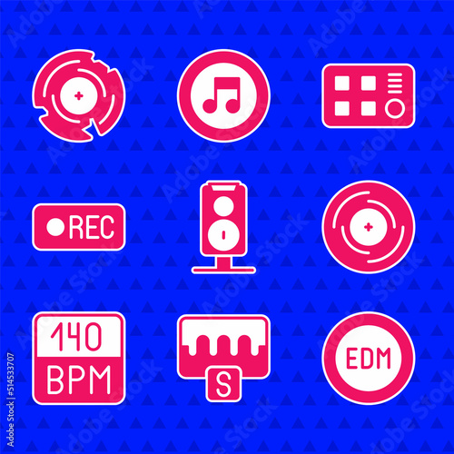 Set Stereo speaker, Music wave equalizer, EDM electronic dance music, Vinyl disk, Bitrate, Record button, Drum machine and icon. Vector
