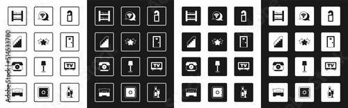 Set Please do not disturb, Stars rating, Stairs, Hotel room bed, door, Wi-Fi wireless internet, Smart Tv and Telephone handset icon. Vector