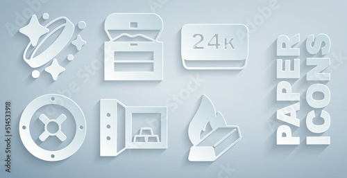 Set Safe with gold bars, Gold 24k, Molten being poured, Antique treasure chest and ring icon. Vector