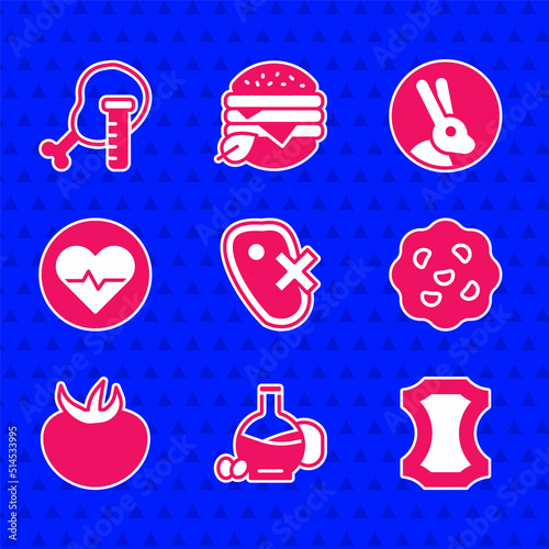 Set No meat, Bottle of olive oil, Leather, Cookie or biscuit, Tomato, Heart rate, Rabbit and Genetically modified chicken icon. Vector