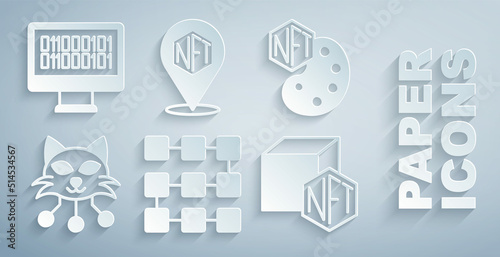 Set NFT blockchain technology, Digital crypto art, and Binary code icon. Vector