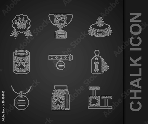 Set Collar with name tag, Bag of food for pet, Cat scratching post toy, Dog collar bone, Canned, Pet bowl cat dog and award symbol icon. Vector