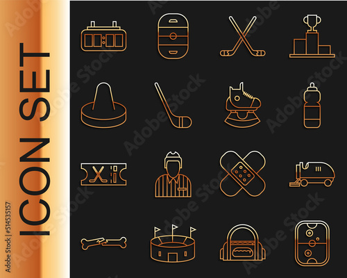 Set line Air hockey table, Ice resurfacer, Fitness shaker, sticks, Mallet for playing air, Hockey mechanical scoreboard and Skates icon. Vector