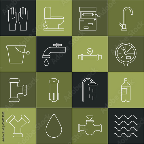 Set line Wave, Bottle of water, Water meter, Well, tap, Bucket, Rubber gloves and Industry pipe and manometer icon. Vector