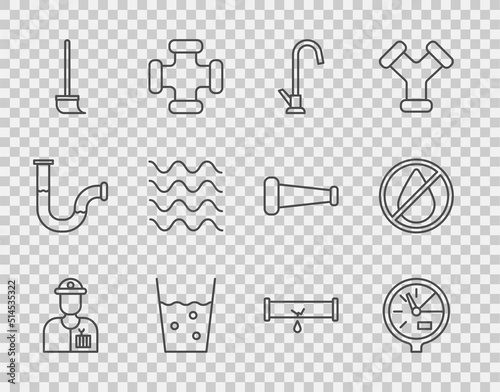 Set line Plumber, Water meter, tap, Glass with water, Mop, Wave, Broken pipe leaking and drop forbidden icon. Vector