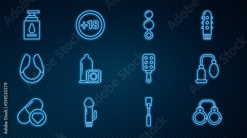 Set line Sexy fluffy handcuffs, Penis pump, Anal beads, Condom, Dildo vibrator, Personal lubricant, Spanking paddle and Plus 18 movie icon. Vector