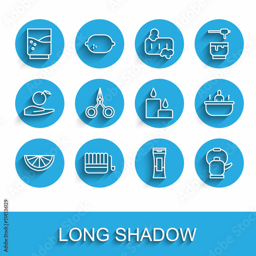 Set line Citrus fruit, Sauna bucket and ladle, Glass with water, Bottle of shampoo, Kettle handle, Scissors, Bathtub and Burning candle icon. Vector