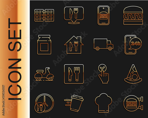 Set line Online ordering burger delivery, Slice of pizza, Food, and, Restaurant cafe menu and Fast by car icon. Vector