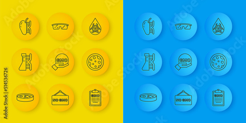 Set line Petri dish with bacteria, DNA research, search, GMO, Genetically modified apple, and Laboratory glasses icon. Vector