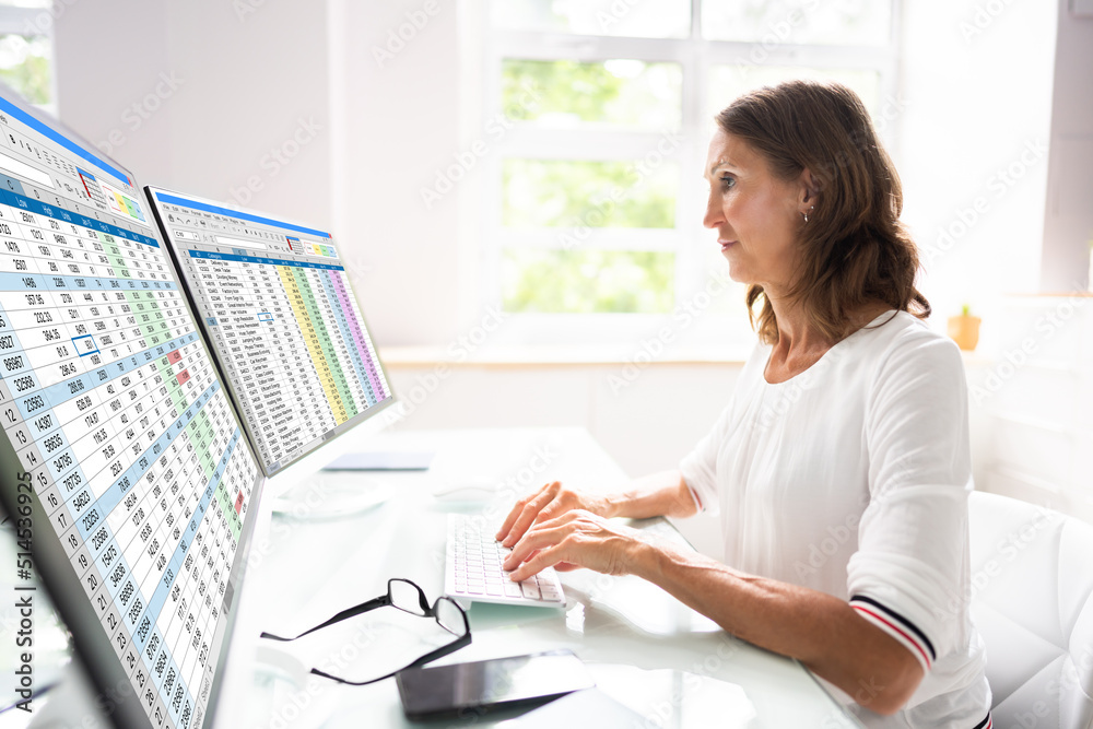 Spreadsheet Analyst Employee Using Computer Monitors Spreadsheet Analyst Employee Using Computer Monitors