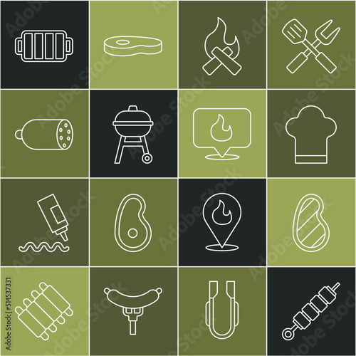 Set line Grilled shish kebab, Steak meat, Chef hat, Campfire, Barbecue grill, Salami sausage, and Location with flame icon. Vector